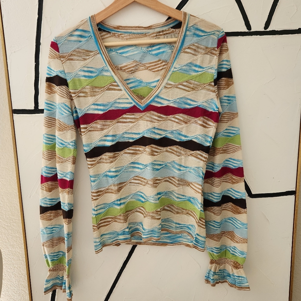 2000s Y2K Missoni Multi-color Chevron Striped V-neck Knit Sweater Top